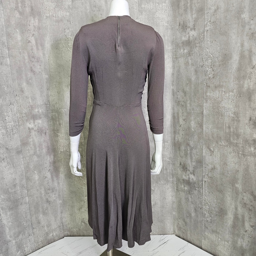 Vintage 40s Brown Rayon Crepe Scalloped Bodice Dress Metal Zipper M Noir Glam - Picture 7 of 11